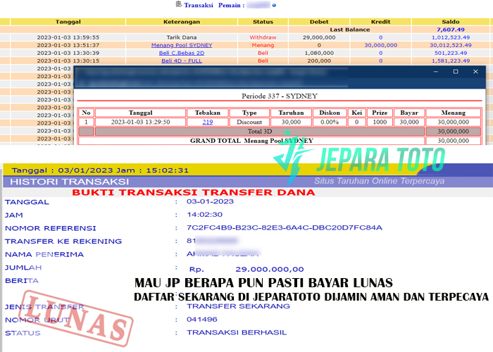 BUKTI JP MENANG SYDNEY MEMBER JEPARATOTO