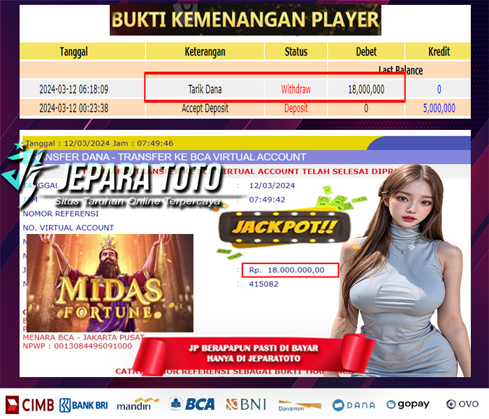 BUKTI KEMENANGAN SLOT MIDAS FORTUNE MEMBER JEPARATOTO