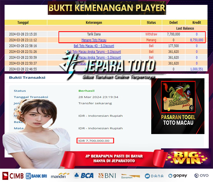 BUKTI KEMENANGAN TOGEL TOTOMACAU POOLS MEMBER JEPARATOTO