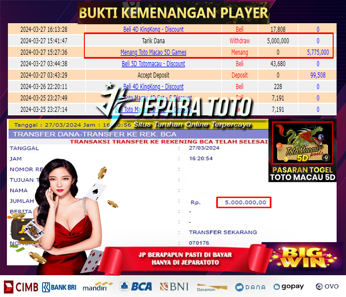 BUKTI KEMENANGAN TOGEL TOTOMACAU 5D POOLS MEMBER JEPARATOTO