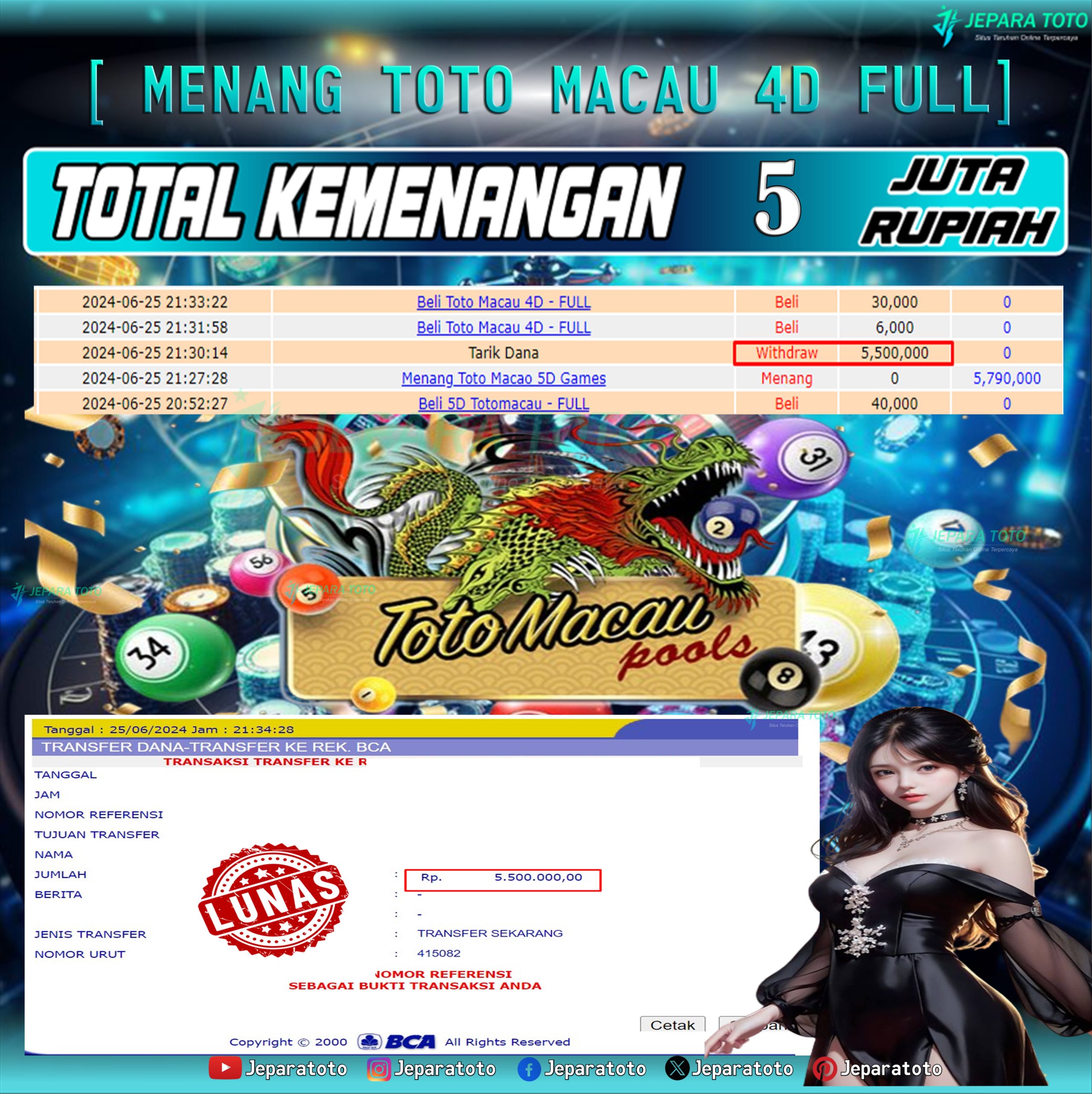 BUKTI KEMENANGAN TOGEL TOTOMACAU 5D MEMBER JEPARATOTO