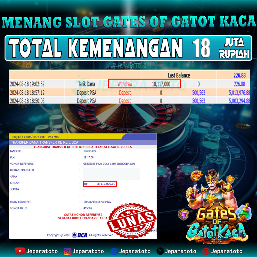 BUKTI KEMENANGAN SLOT GATES OF GATOT KACA MEMBER JEPARATOTO