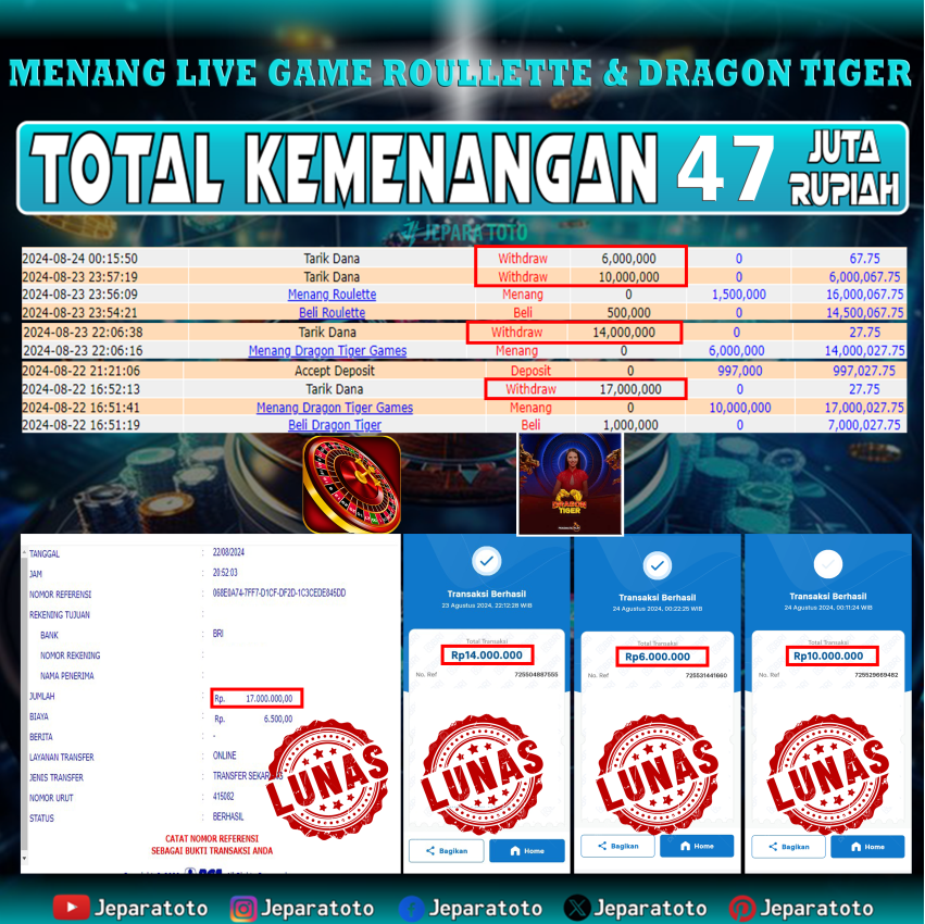 BUKTI KEMENANGAN LIVE GAME ROULETTE MEMBER JEPARATOTO