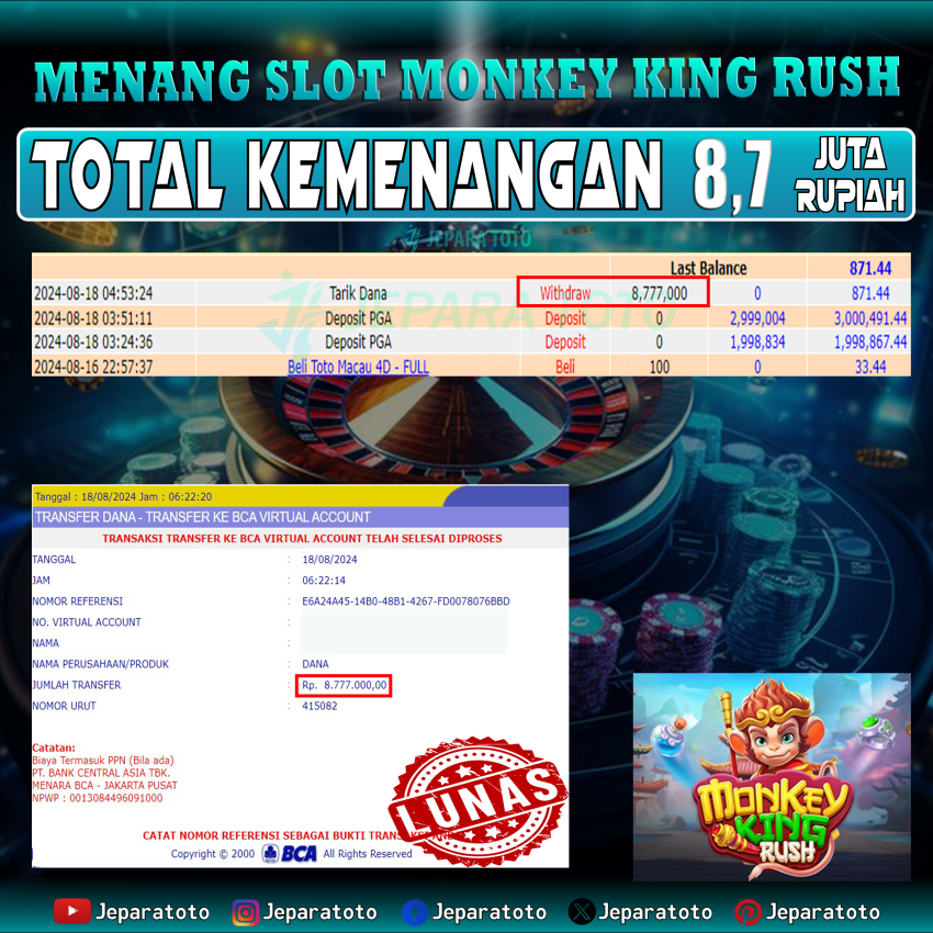 BUKTI KEMENANGAN SLOT MONKEY KING RUSH MEMBER JEPARATOTO