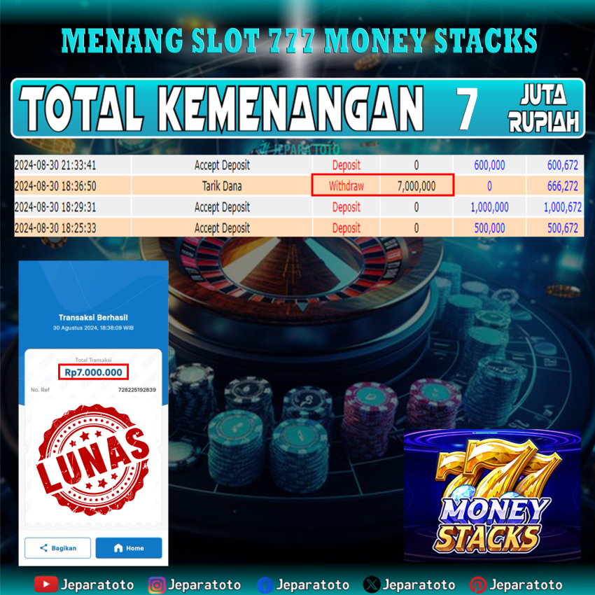 BUKTI KEMENANGAN SLOT 777 MONEY STACK  MEMBER JEPARATOTO