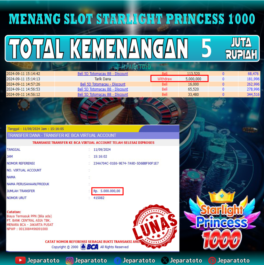 BUKTI KEMENANGAN SLOT STARLIGHT PRINCESS 1000 MEMBER JEPARATOTO