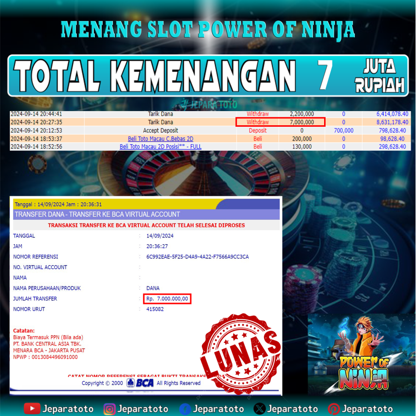 BUKTI KEMENANGAN SLOT POWER NINJA MEMBER JEPARATOTO