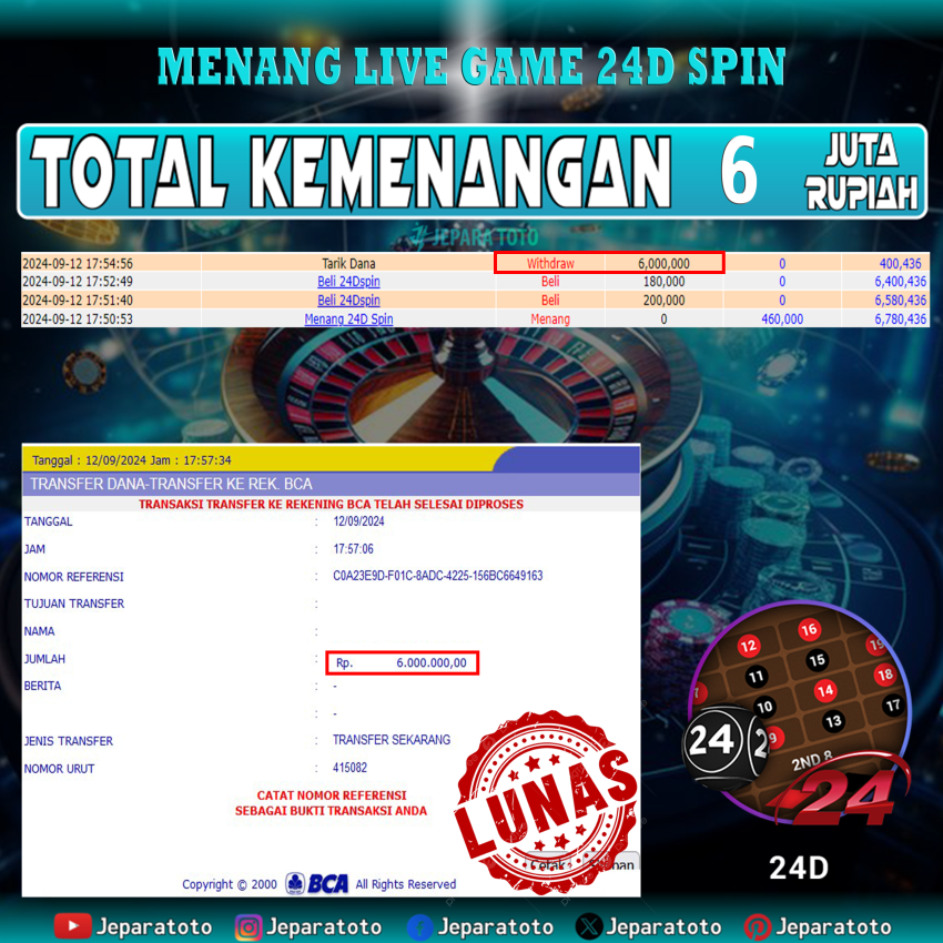 BUKTI KEMENANGAN LIVE GAME 24 D SPIN MEMBER JEPARATOTO