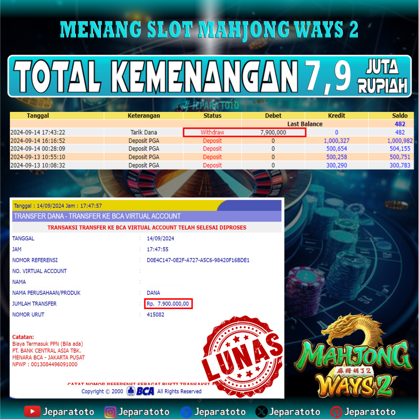 BUKTI KEMENANGAN SLOT MAHJONG WAYS 2 MEMBER JEPARATOTO