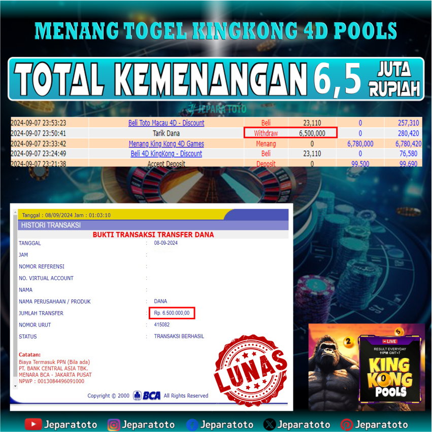 BUKTI KEMENANGAN KINGKONG POOLS MEMBER JEPARATOTO