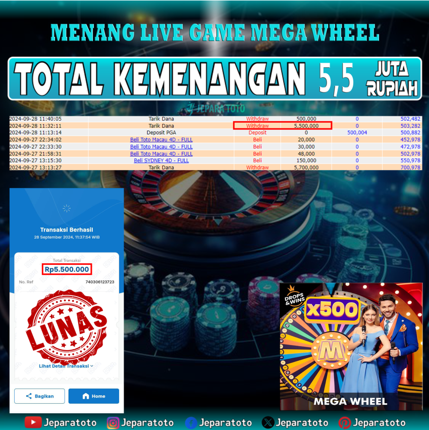 BUKTI KEMENANGAN LIVE GAME MEGA WHEEL PRAGMATIC MEMBER JEPARATOTO