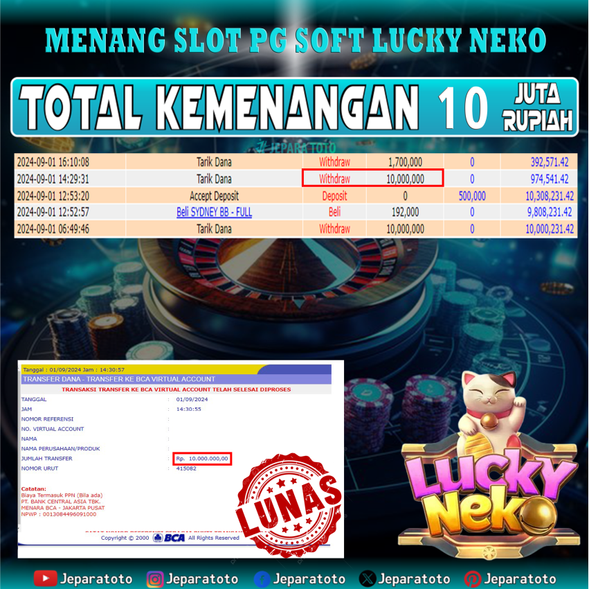 BUKTI KEMENANGAN SLOT LUCKY NEKO MEMBER JEPARATOTO