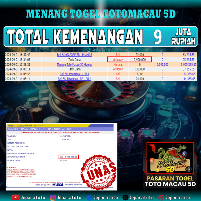 BUKTI KEMENANGAN TOGEL TOTO MACAU 5D MEMBER JEPARATOTO