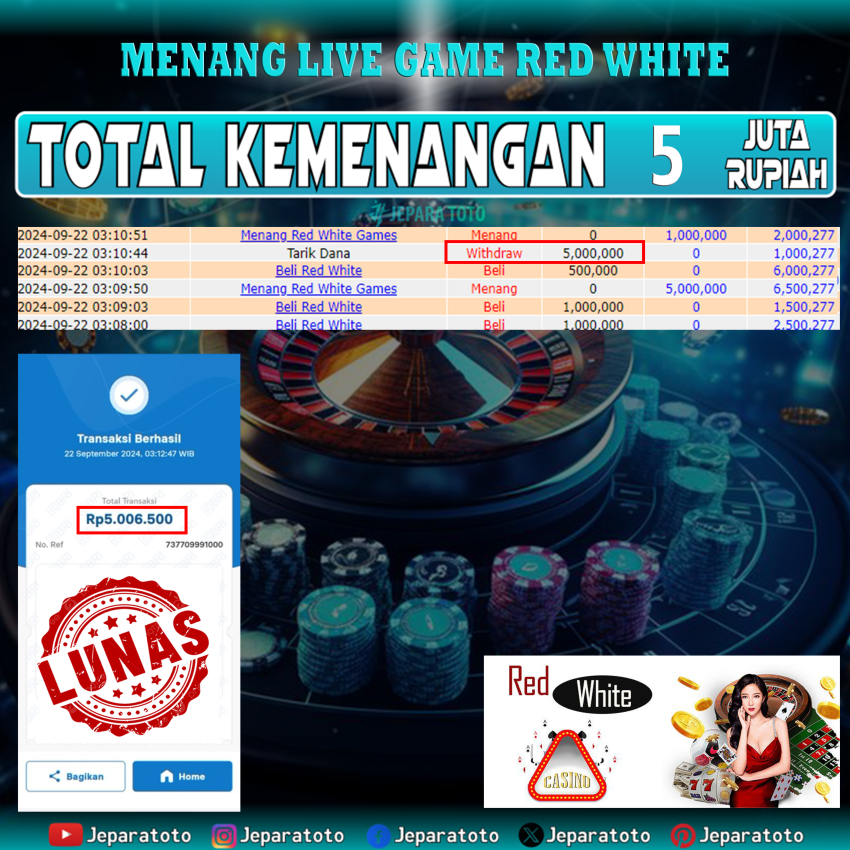 BUKTI KEMENANGAN LIVE GAME CASINO RED WHITE MEMBER JEPARATOTO