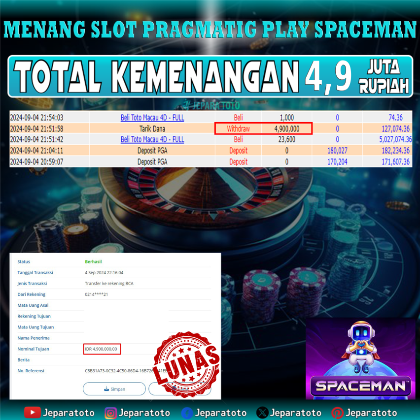 BUKTI KEMENANGAN SLOT SPACEMAN MEMBER JEPARATOTO