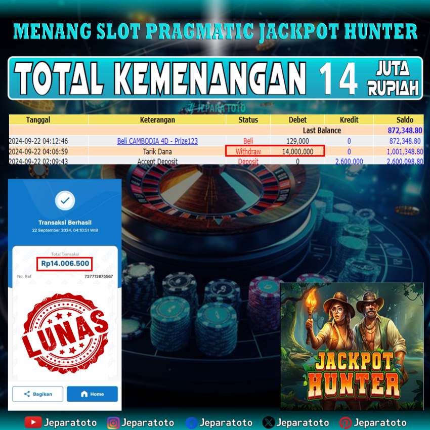 BUKTI KEMENANGAN SLOT PRAGMATIC JACKPOT HUNTER MEMBER JEPARATOTO