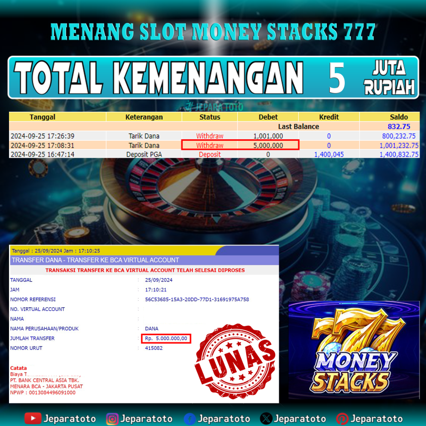 BUKTI KEMENANGAN SLOT MONEY STACKS 777 MEMBER JEPARATOTO