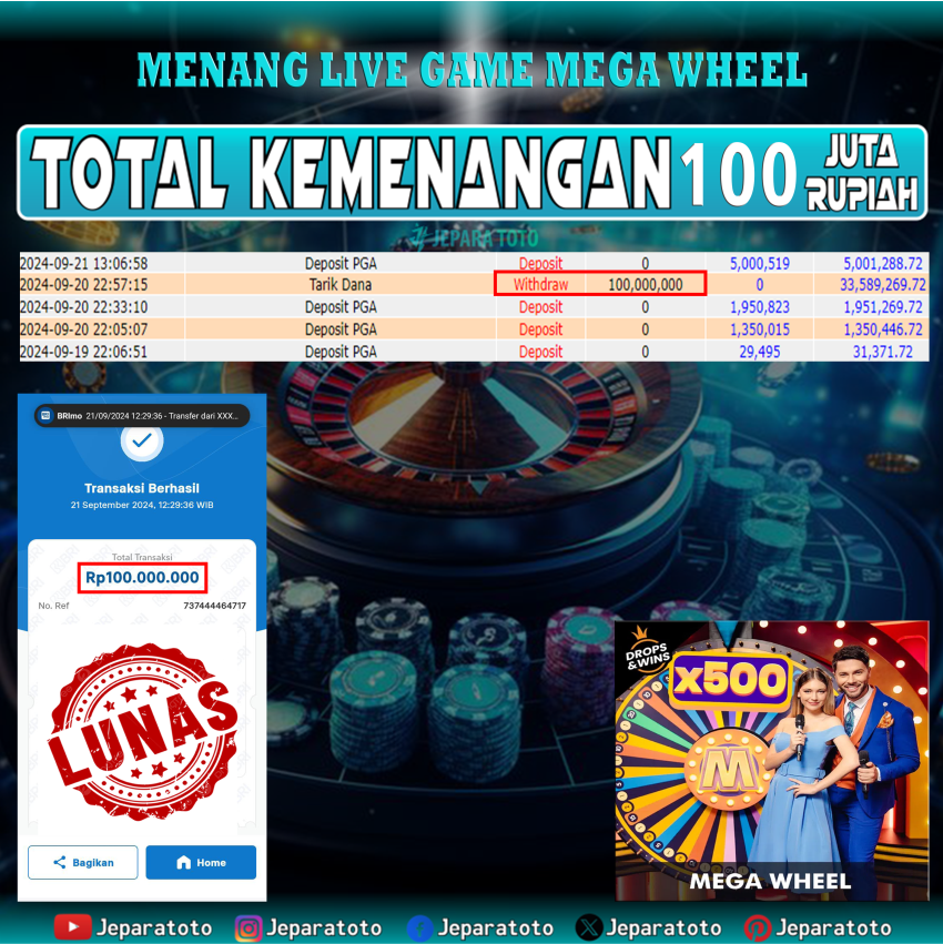 BUKTI KEMENANGAN LIVE GAME MEGA WHEEL 133 JUTA MEMBER JEPARATOTO