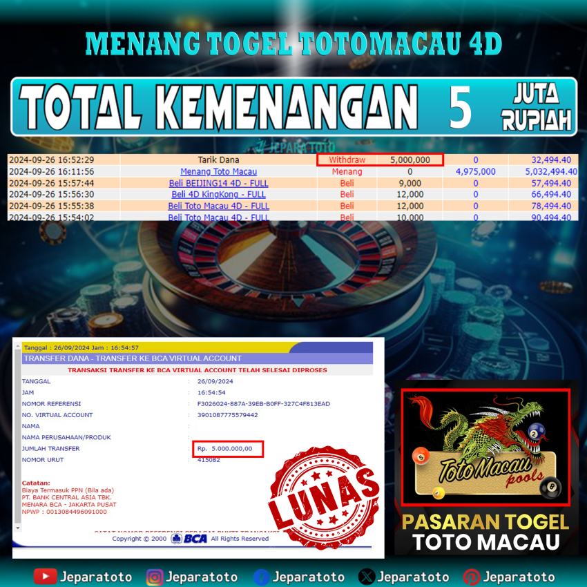 BUKTI KEMENANGAN TOTOMACAU POOLS MEMBER JEPARATOTO