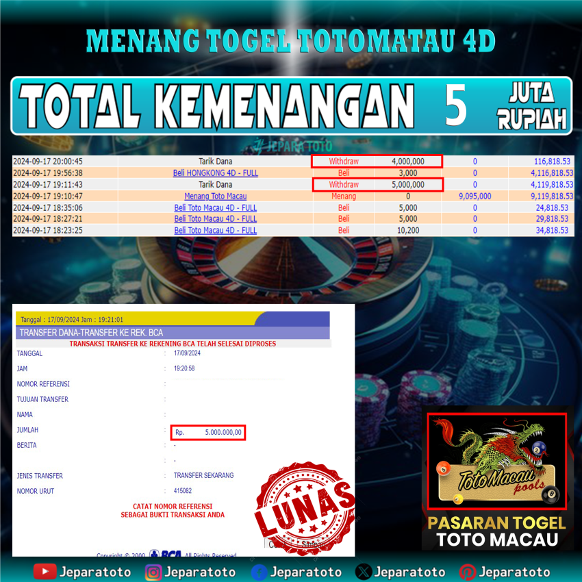 BUKTI KEMENANGAN TOTOMACAU POOLS MEMBER JEPARATOTO