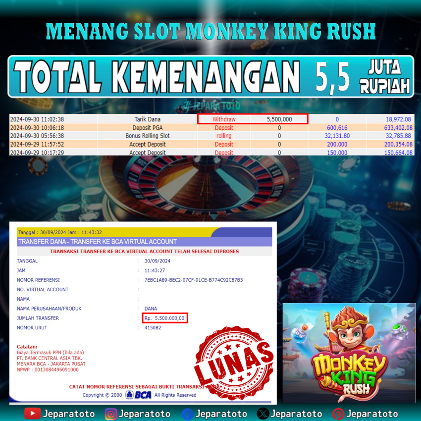 BUKTI KEMENANGAN SLOT MONGKEY KING RUSH MEMBER JEPARATOTO