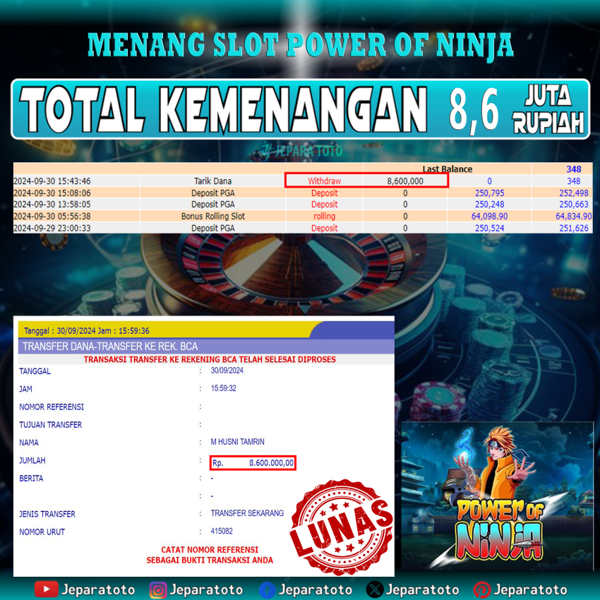 BUKTI KEMENANGAN SLOT POWER OF NINJA MEMBER JEPARATOTO