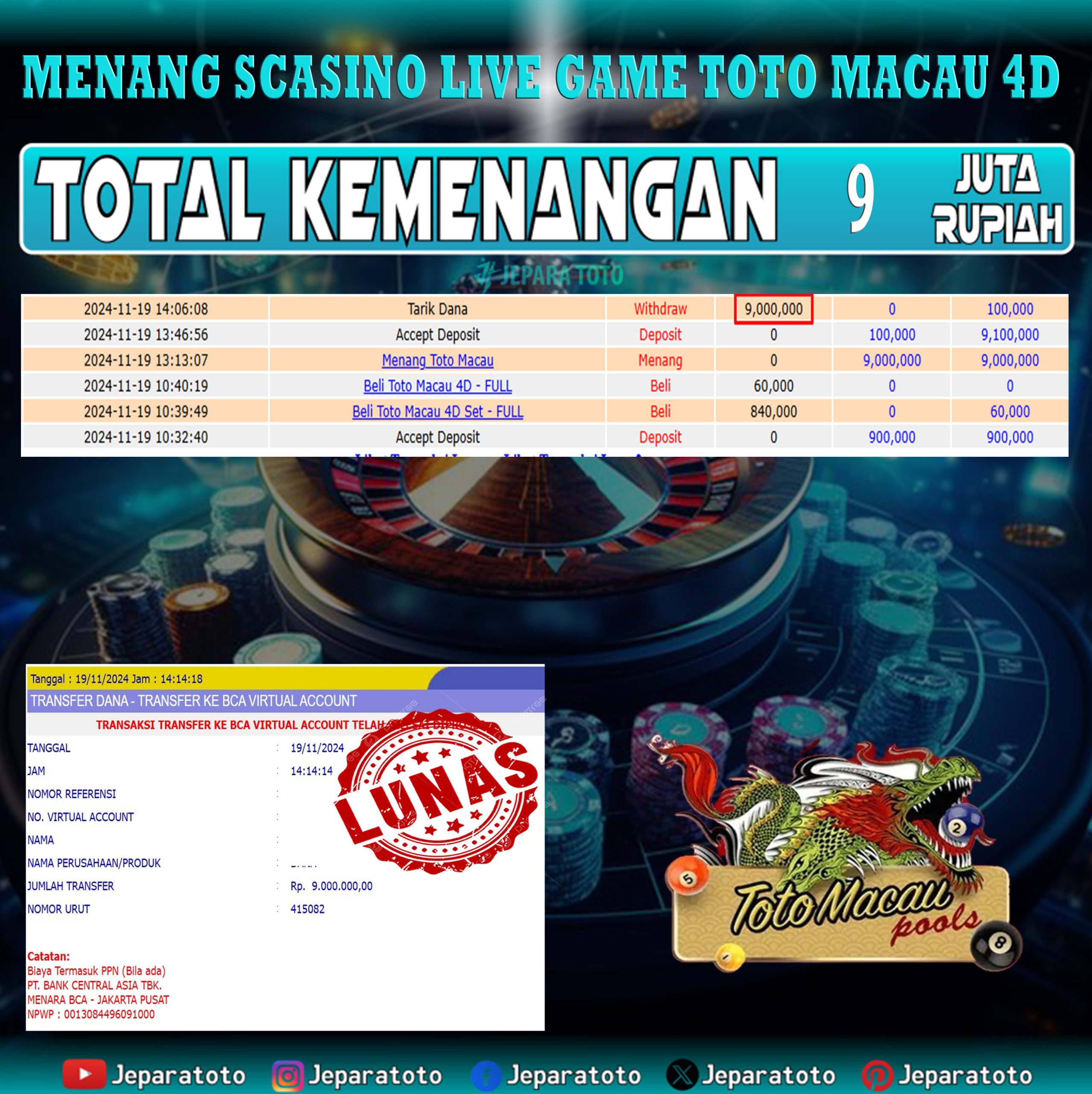 BUKTI KEMENANGAN CASINO LIVE GAME TOTO MACAU 4D MEMBER JEPARATOTO