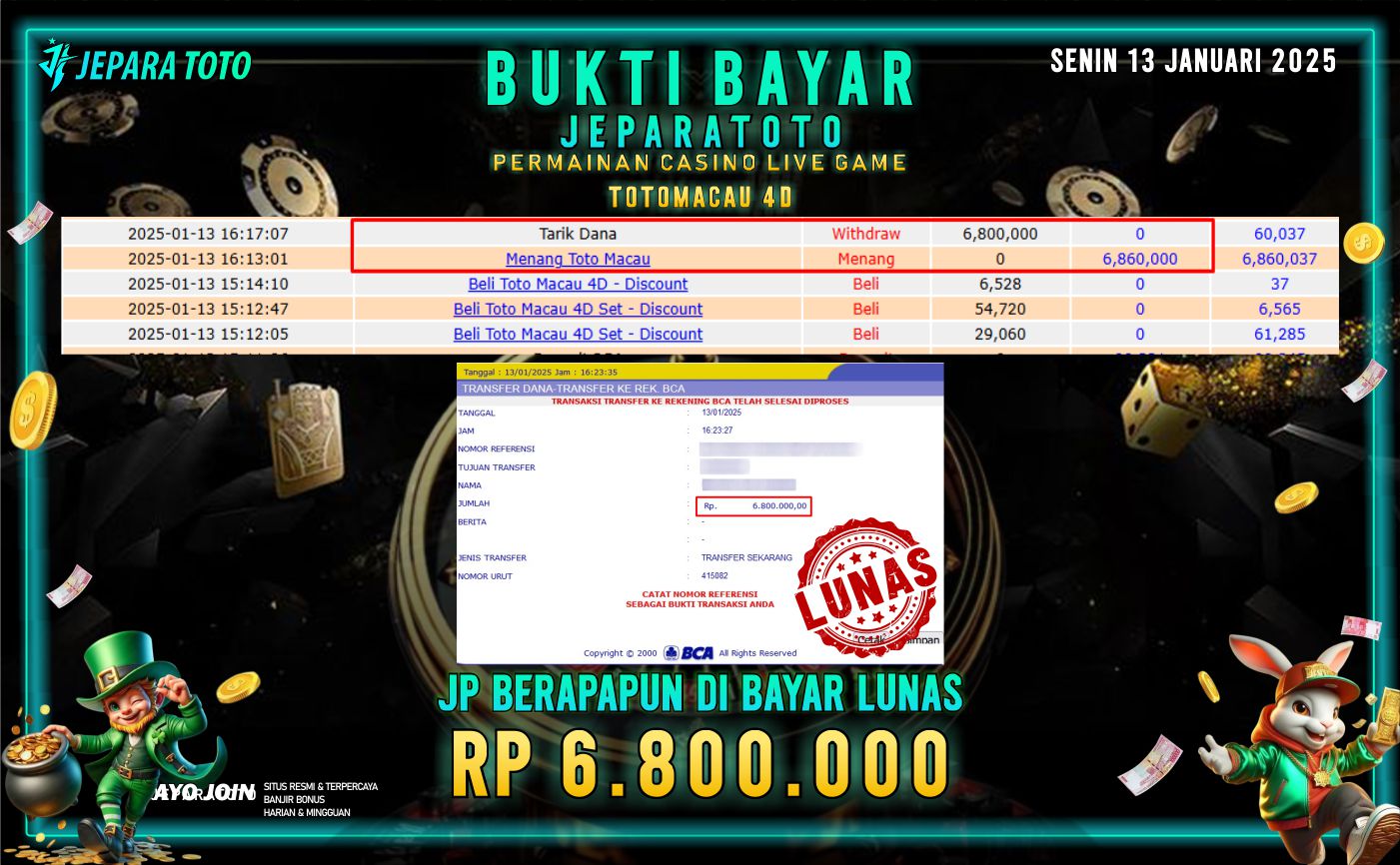 BUKTI KEMENANGAN CASINO LIVE GAME TOTOMACAU 4D MEMBER JEPARATOTO