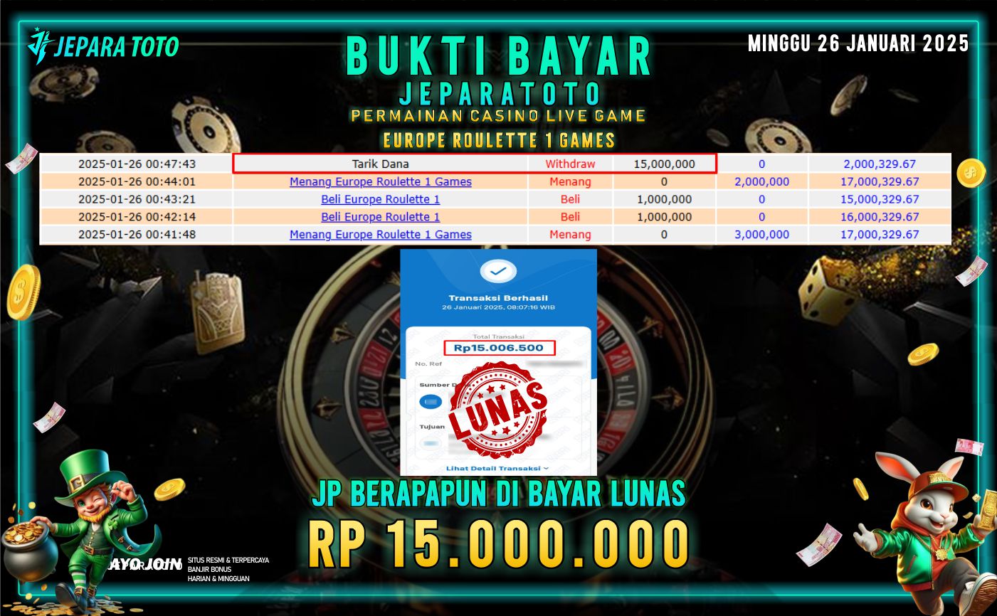 BUKTI KEMENANGAN CASINO LIVE GAME EUROPE ROULLETE 1 MEMBER JEPARATOTO