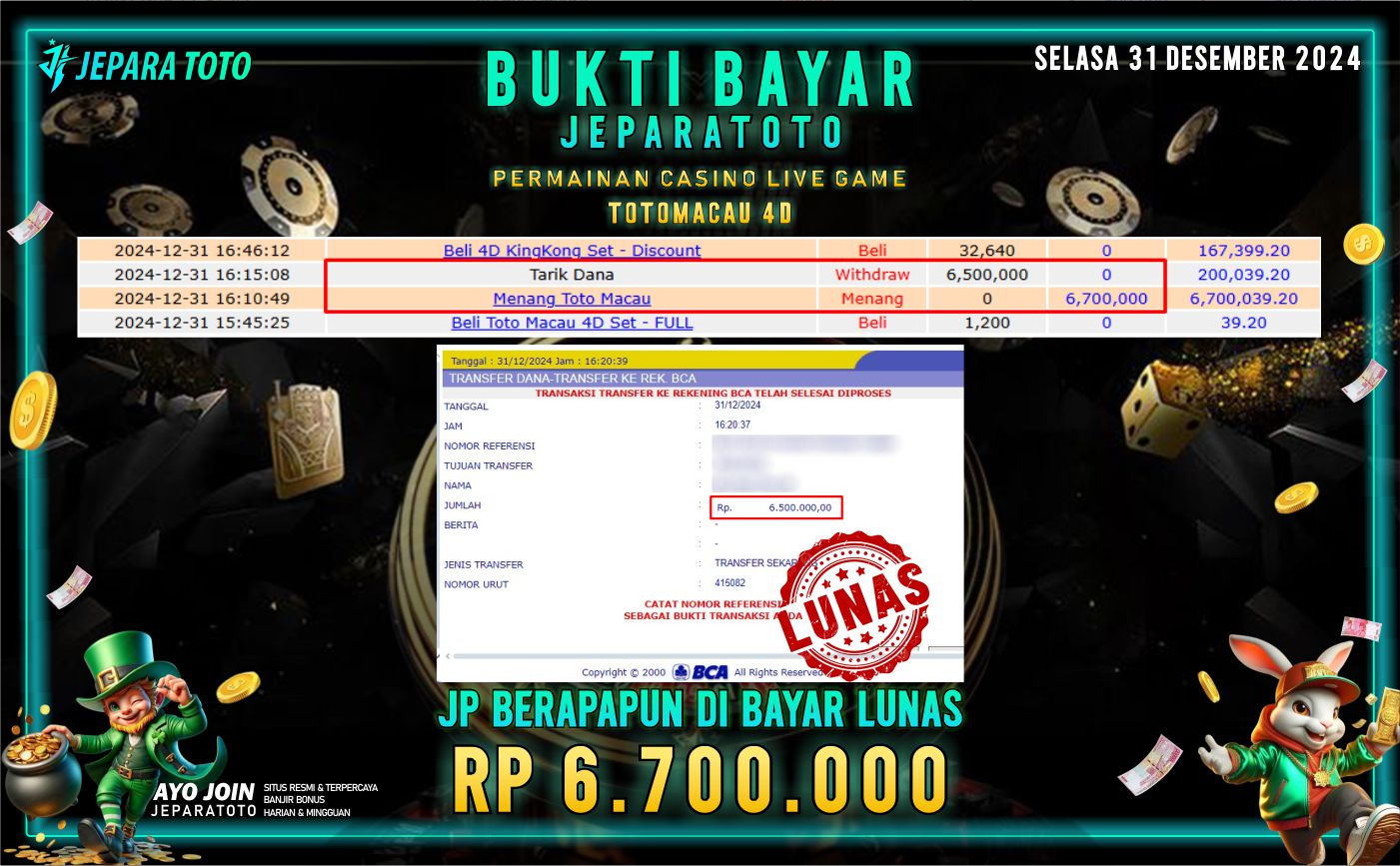 BUKTI KEMENANGAN CASINO LIVE GAME TOTOMACAU 4D MEMBER JEPARATOTO