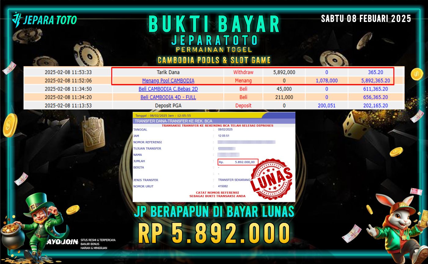 BUKTI KEMENANGAN TOGEL CAMBODIA POOLS & SLOT MEMBER JEPARATOTO