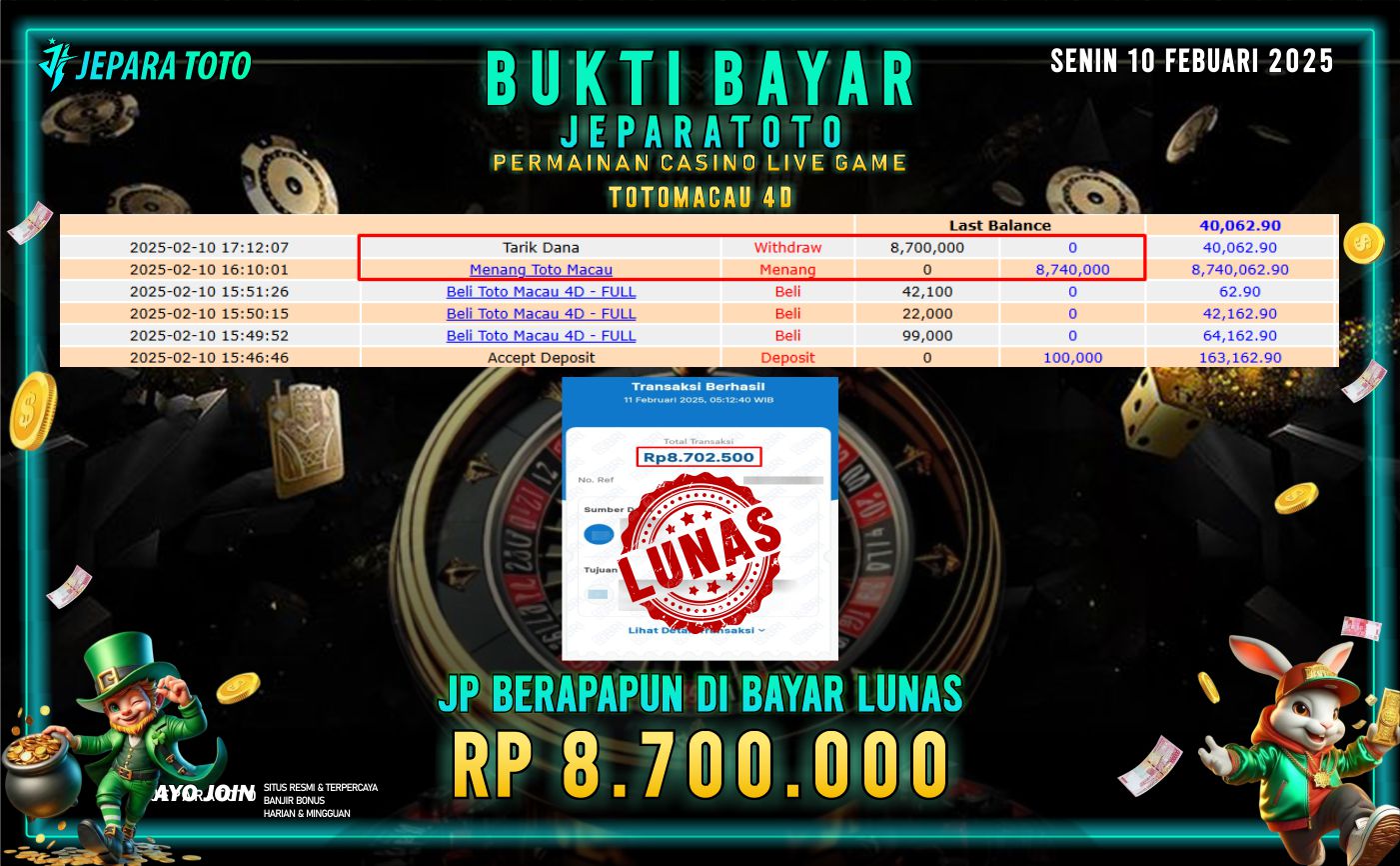 BUKTI KEMENANGAN CASINO LIVE GAME TOTOMACAU 4D MEMBER JEPARATOTO