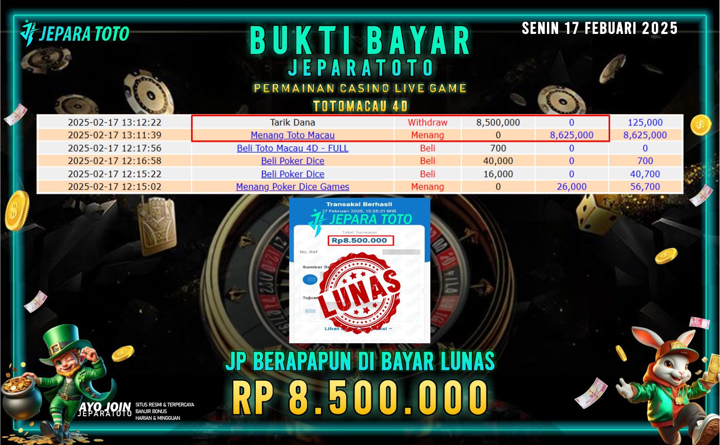 BUKTI KEMENANGAN CASINO LIVE GAME TOTOMACAU 4D MEMBER JEPARATOTO