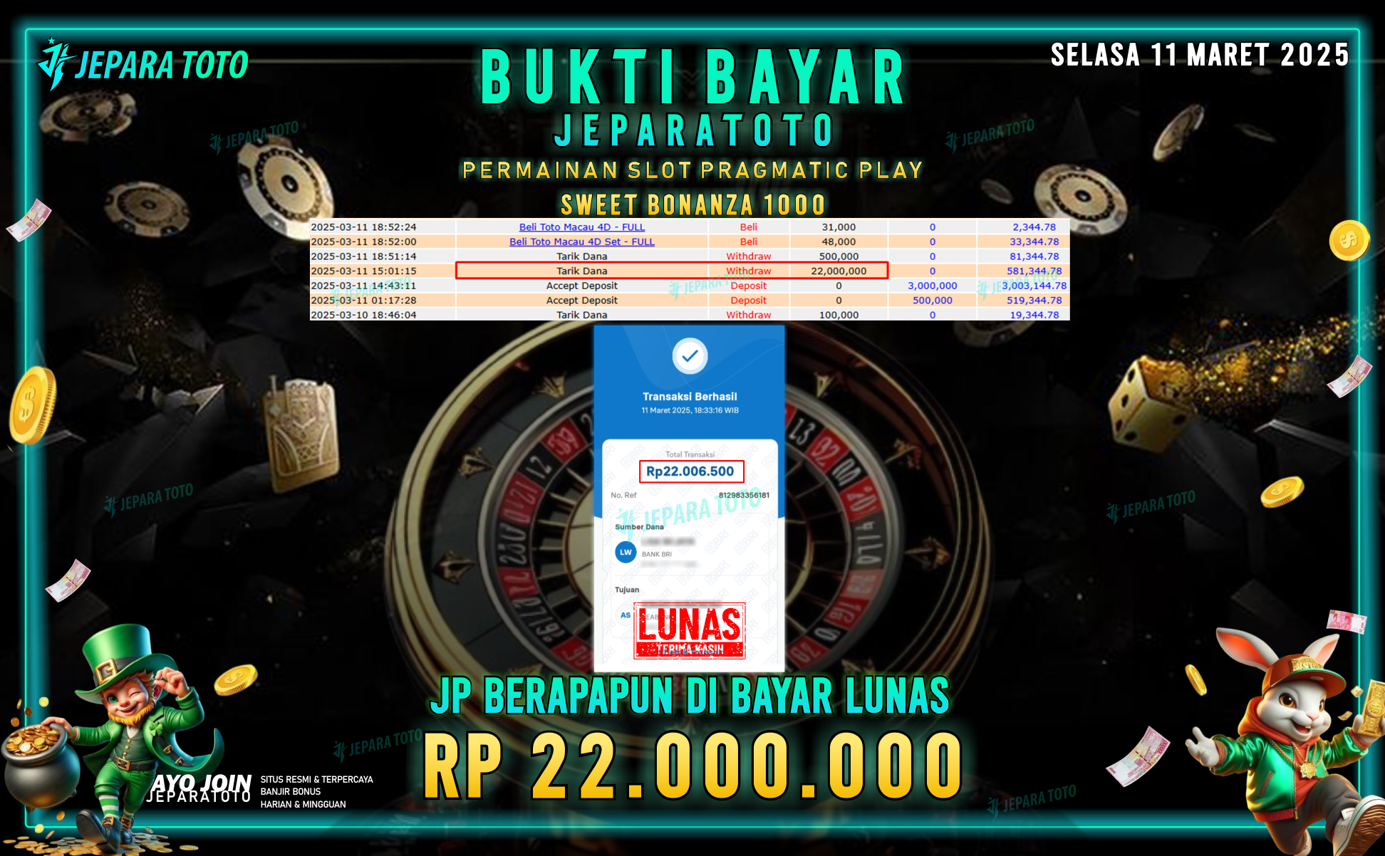 BUKTI KEMENANGAN MEMBER JEPARATOTO PTRAGMATIC PLAY | GAME SWEET BONANZA 1000