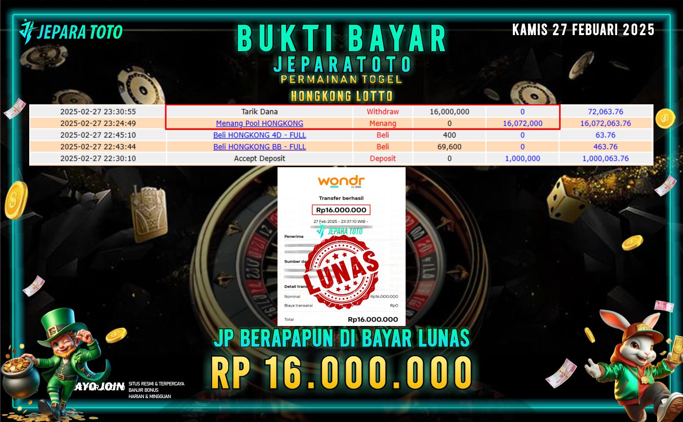 BUKTI KEMENANGAN TOGEL HONGKONG LOTTO MEMBER JEPARATOTO