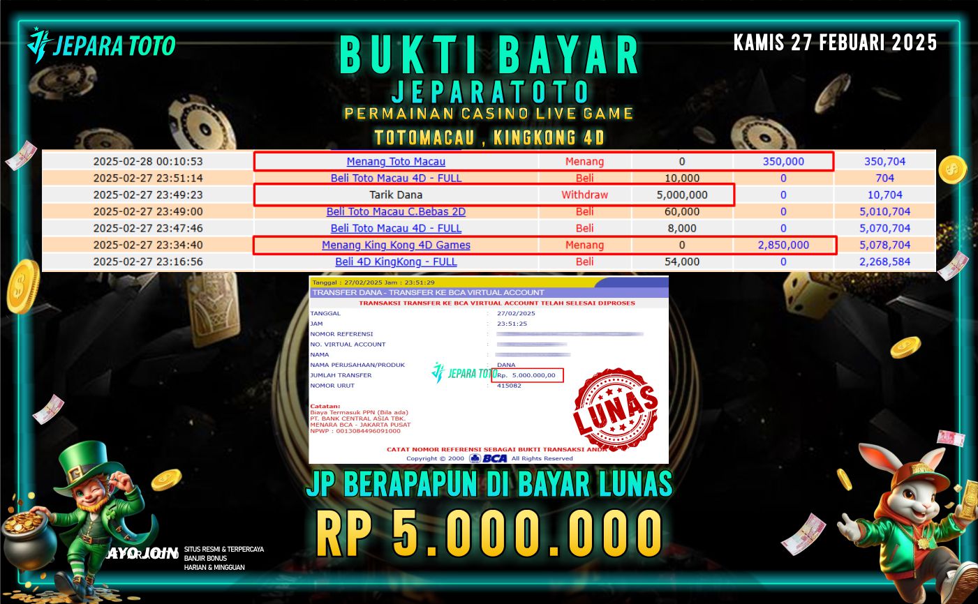 BUKTI KEMENANGAN CASINO LIVE GAME TOTOMACAU & KINGKONG 4D MEMBER JEPARATOTO