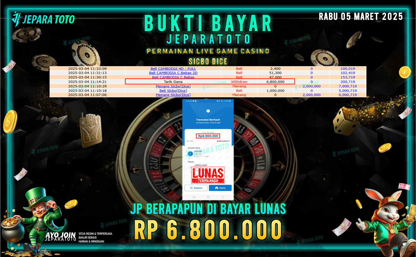 BUKTI KEMENANGAN LIVE GAME CASINO ( SICBO DICE ) MEMBER JEPARATOTO